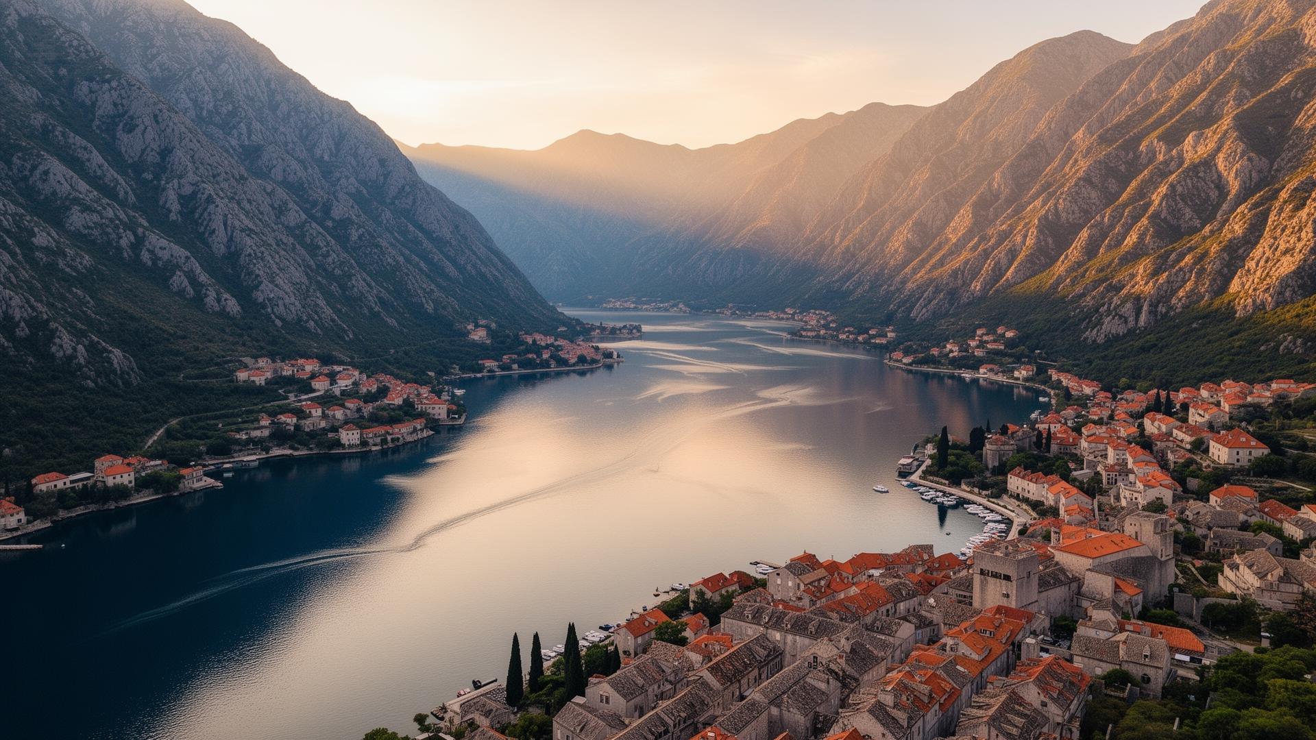 Aerial view of the Bay of Kotor at golden hour, Montenegro